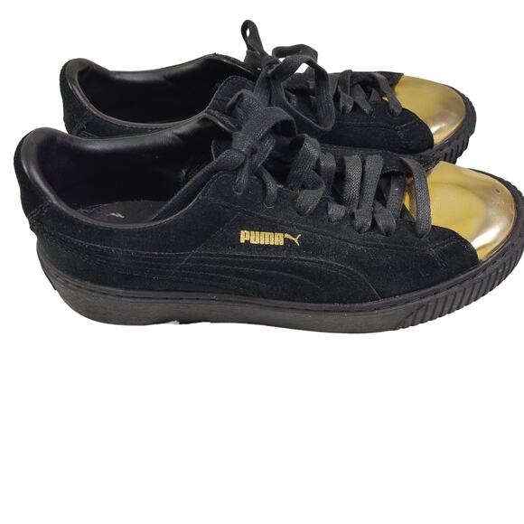 Puma Basket Low Top Shoes Womens Size 8.5 Black Suede Gold Metallic Toe Cap - Picture 1 of 14